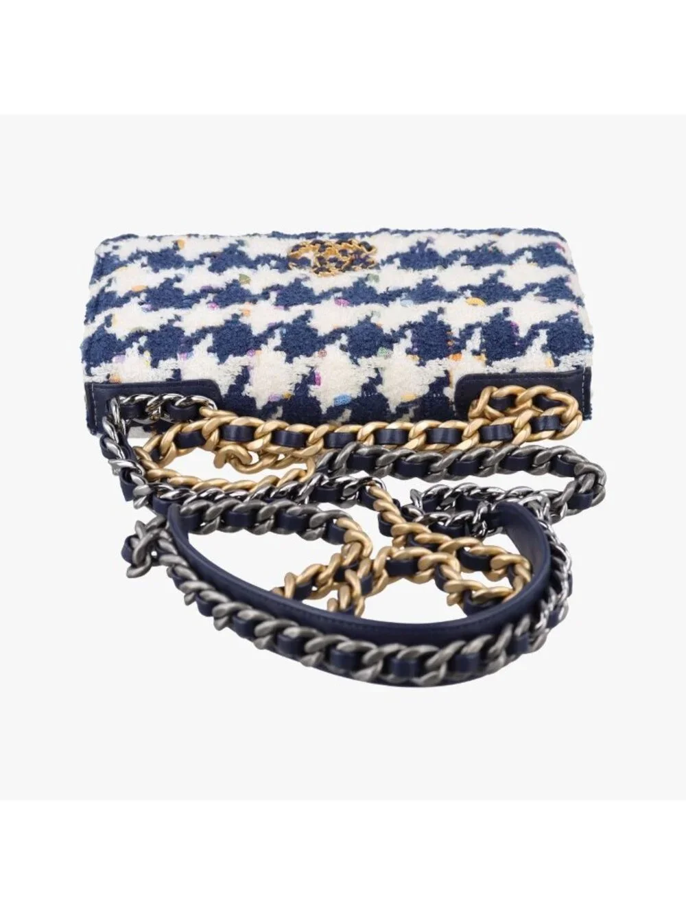 Chanel 19 Flap Bag Houndstooth White Navy Fabric